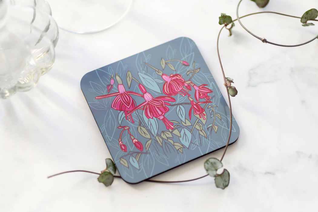 Cork Backed Fuchsia Flower Design Drinks Coaster