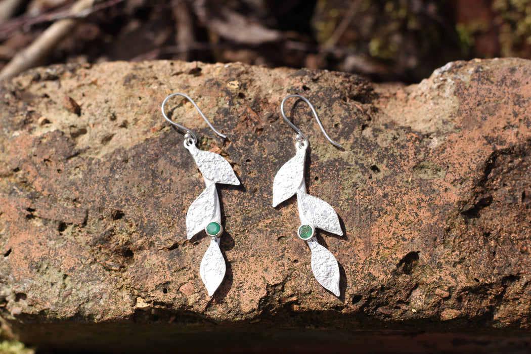 ruby emerald or opal reticulated sterling silver leaf design drop earrings