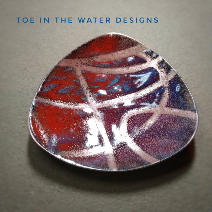 Enamel Trinket Bowl / Ring Dish / Serving Dish - triangular, stencil, red, blue, purple, copper