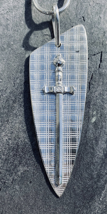 Tartan shield, with sword pendant, Argentium 935 sterling silver.