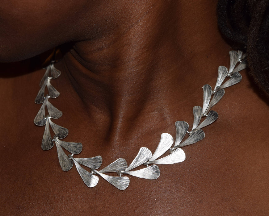 Hammered sterling silver leaf statement necklace handmade in Edinburgh