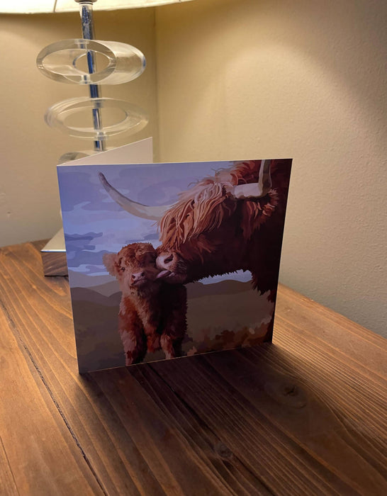 Scottish Highlander Cow with baby Coo kiss greeting card