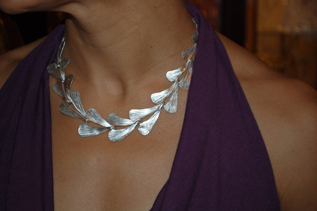 Hammered sterling silver leaf statement necklace handmade in Edinburgh