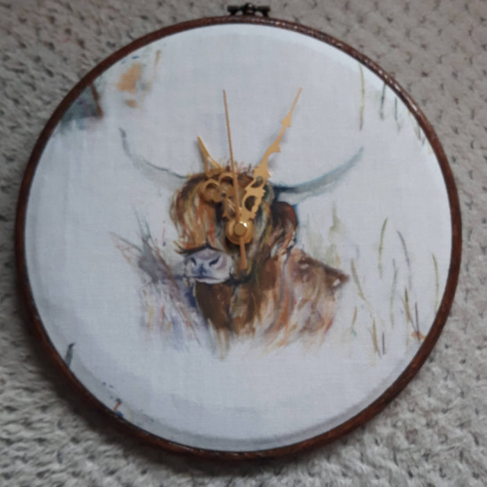Highland Cow "Heilan Coo" material wall clock in an 8" hoop