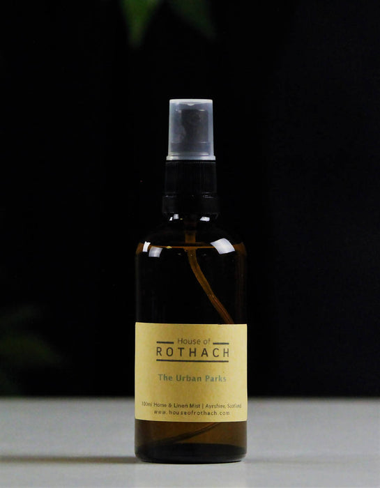 home and linen mist in The Urban Parks scent. Presented in an amber glass traditional style bottle with fine mist spray. Natural coloured label on front of bottle.