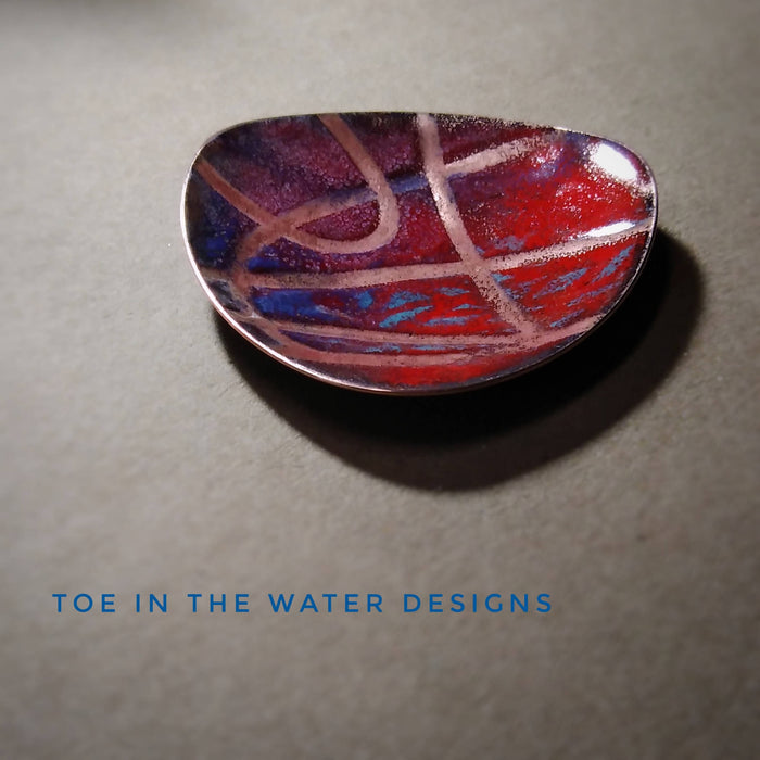 Enamel Trinket Bowl / Ring Dish / Serving Dish - triangular, stencil, red, blue, purple, copper