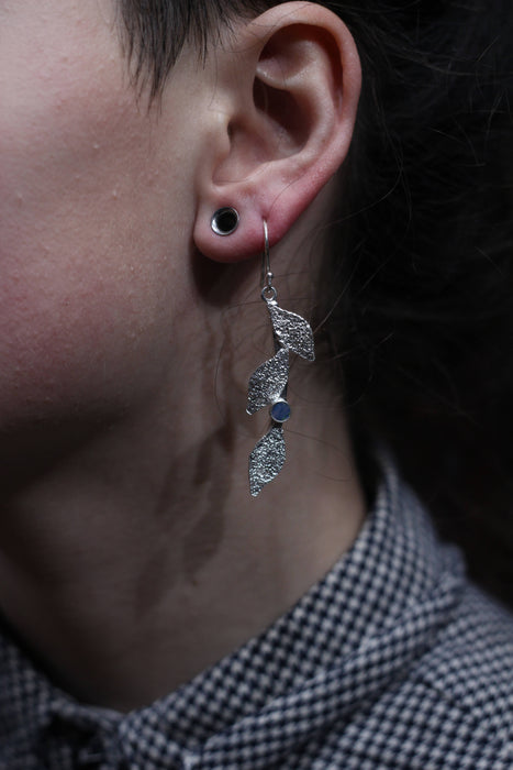 ruby emerald or opal reticulated sterling silver leaf design drop earrings