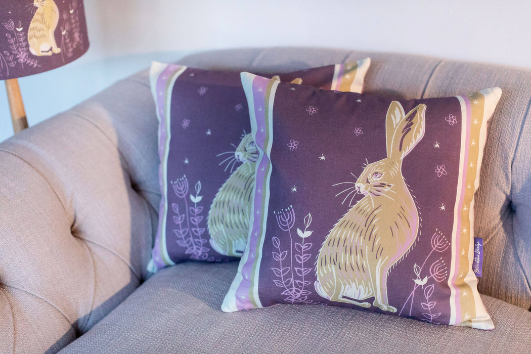 Woodland Collection Hare and Intricate Flower Design Cushion with Feather Insert