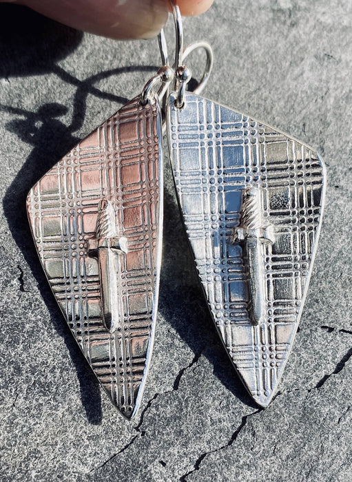 Tartan shield dagger earrings, Argentium 935 sterling silver
